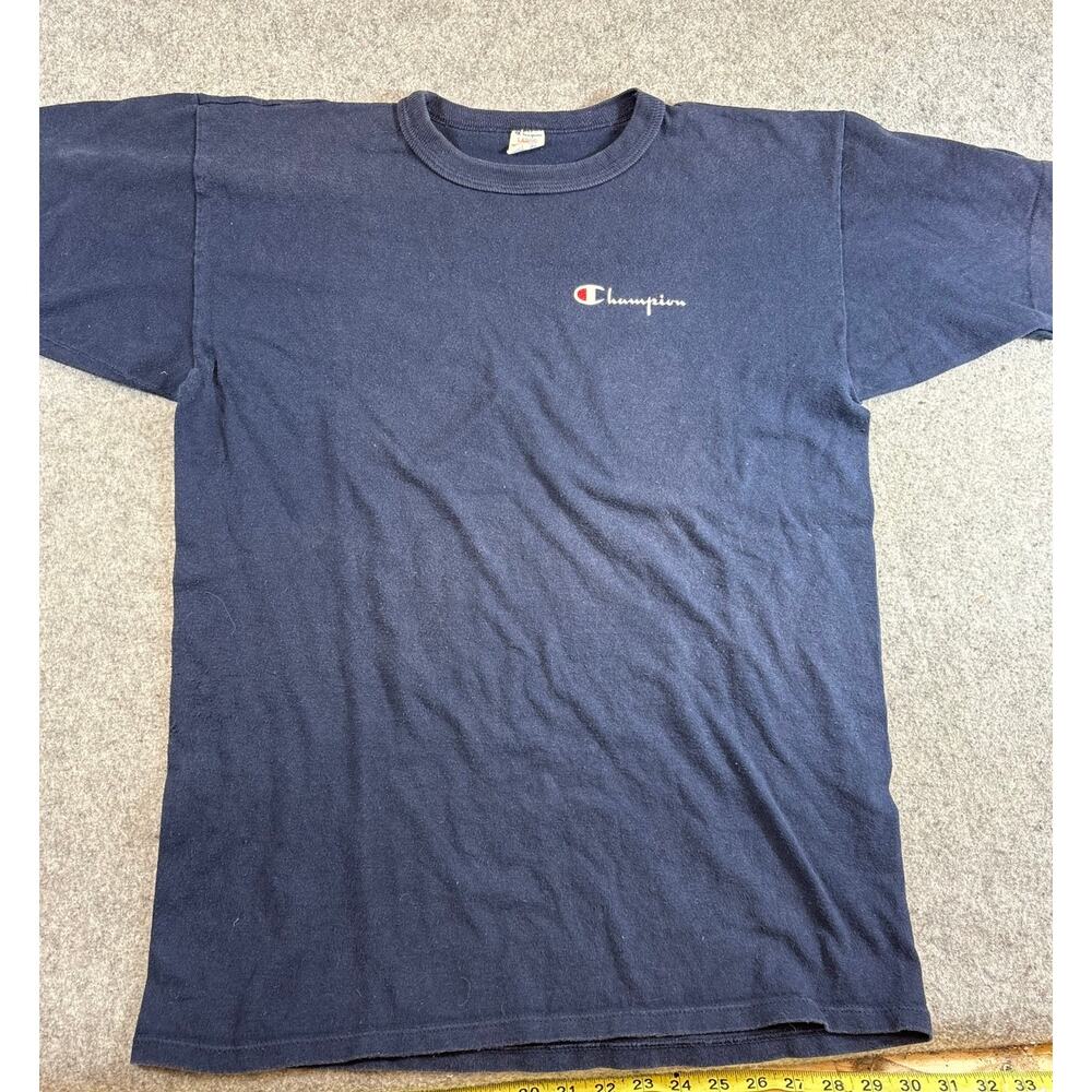 VINTAGE Champion Mens Shirt Blue Single Stitch Tee Minimalist 80s Large